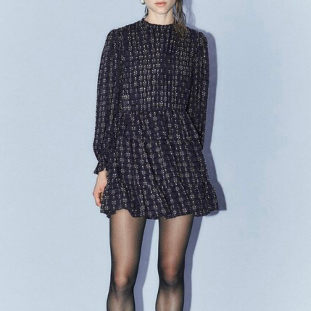 Sfera Collection Metallic Textured Long Sleeve Ruffle Mini Dress NWT Size S